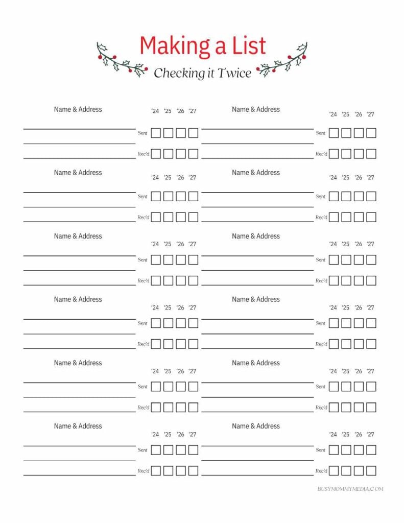 free printable christmas card address list